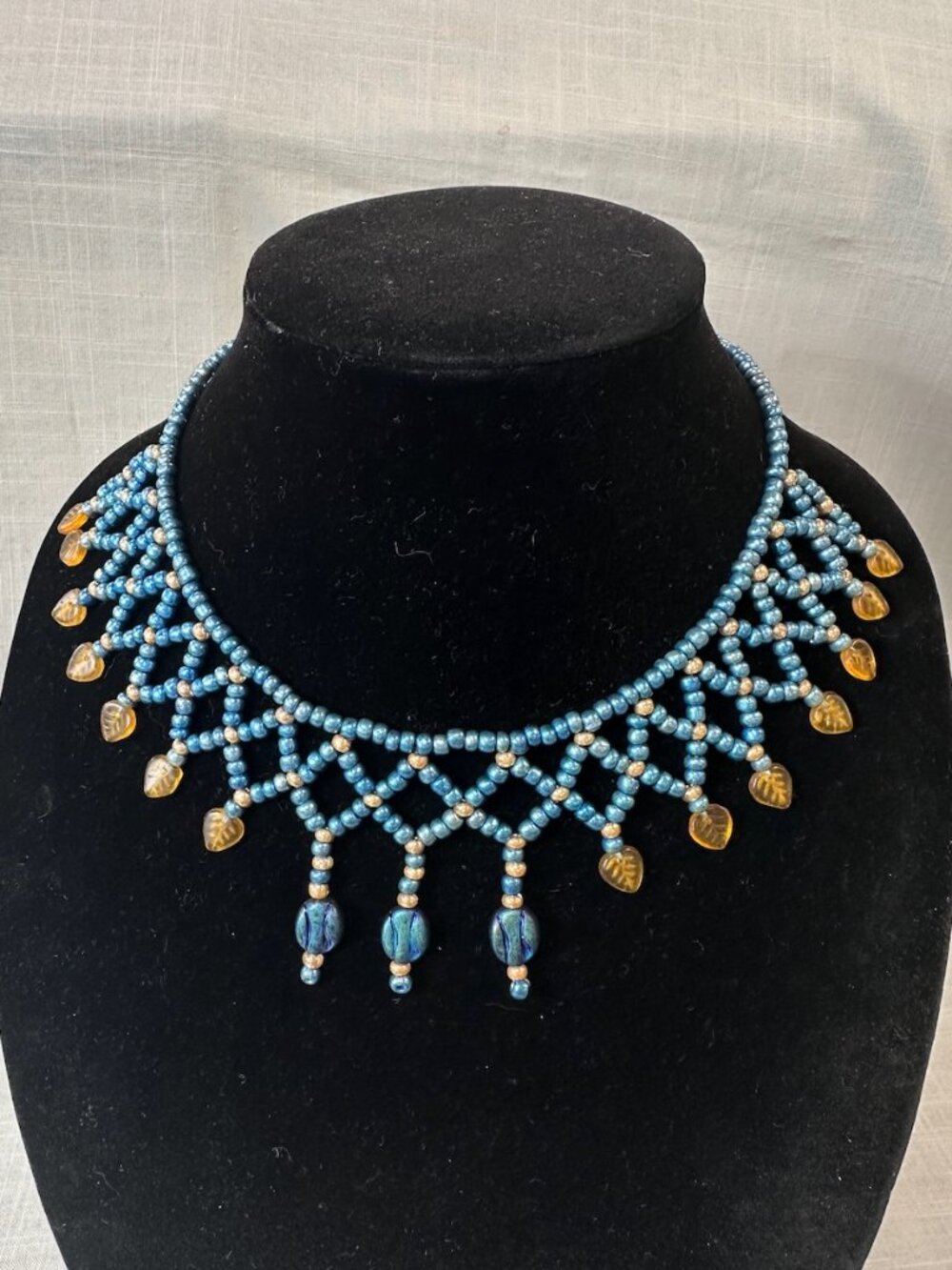 Vintage Blue and Gold Beaded Egyptian Style Collar Necklace